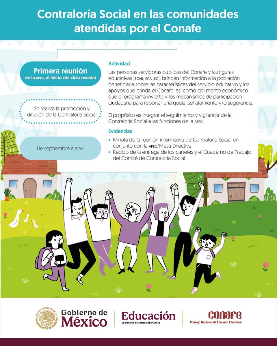 CONAFE_mx's tweet image. La #ContraloríaSocial del #Conafe está en las comunidades más alejadas, con el propósito de integrar el seguimiento y vigilancia de nuestros servicios educativos a las funciones de la #APEC.
Las reuniones se llevarán a cabo de septiembre 2025 a abril 2026.
gob.mx/conafe/accione…