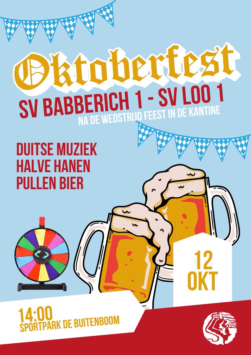 Zet in je agenda: 12 oktober Oktoberfest op De Buitenboom.
Aanstaande zondag spelen we eerst nog bij <a href="/svLoil/">svLoil</a> maar 12 oktober na de wedstrijd <a href="/SVBABBERICH/">SV BABBERICH</a> tegen <a href="/svLoovoetbal/">s.v. Loo</a> zal het Oktoberfest losbarsten met stimmungsvolle muziek,  halve hanen en hele bierpullen. #Oktoberfest