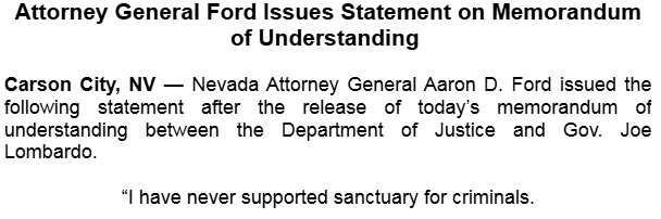 VictorJoecks's tweet photo. If you need a good laugh, @AaronDFordNV responded to this by claiming: "I have never supported sanctuary for criminals."

Funny, because in 2017 he co-sponsored a bill to make Nevada a sanctuary state. https://t.co/U7PTqNgE1o