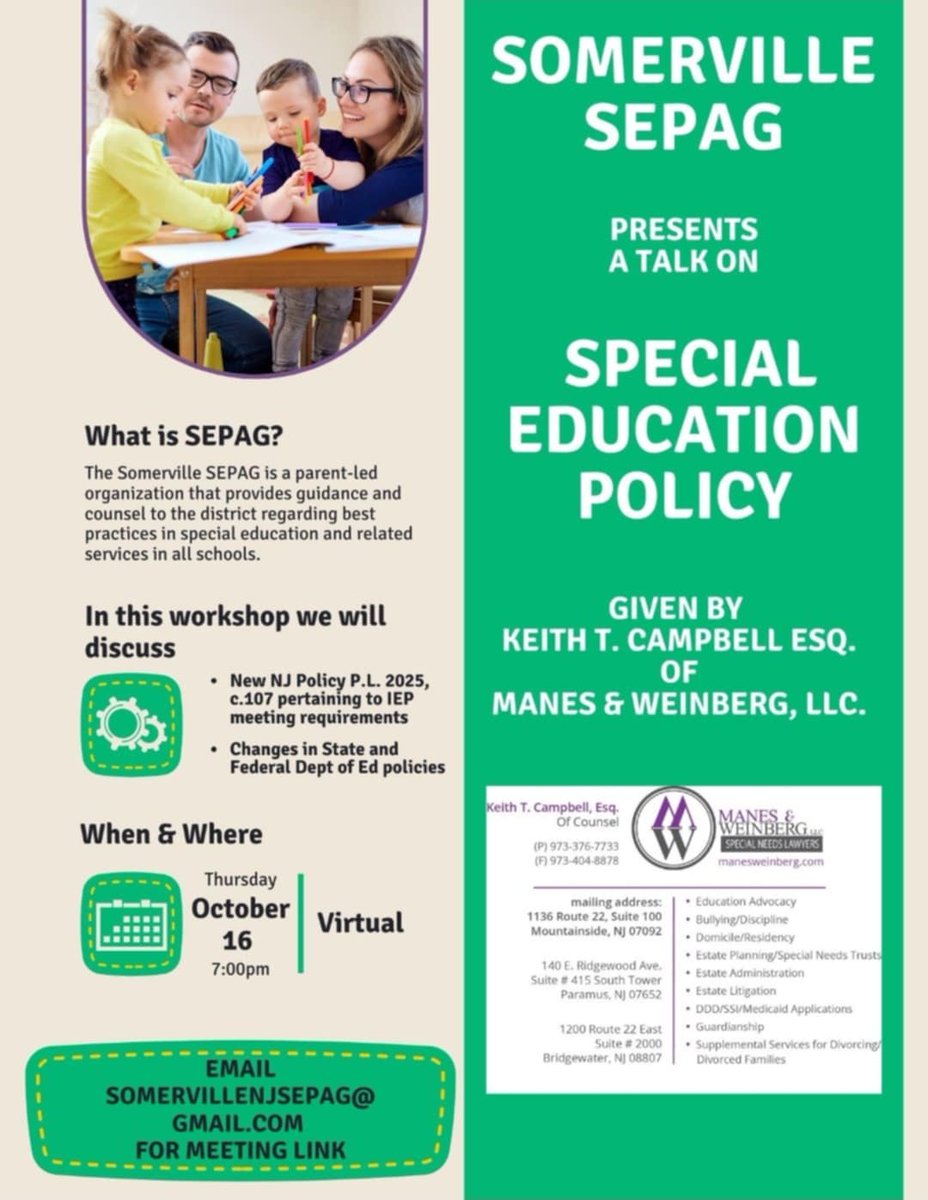 Somerville NJ SEPAG (@somervillesepag) on Twitter photo Join us on Thursday, October 16 at 7pm for a virtual talk with a special education lawyer on new NJ policies for special education. There will be time for Q&A as well.
Email somervillenjsepag@gmail.com for the link! Join us on Thursday, October 16 at 7pm for a virtual talk with a special education lawyer on new NJ policies for special education. There will be time for Q&A as well.
Email somervillenjsepag@gmail.com for the link!