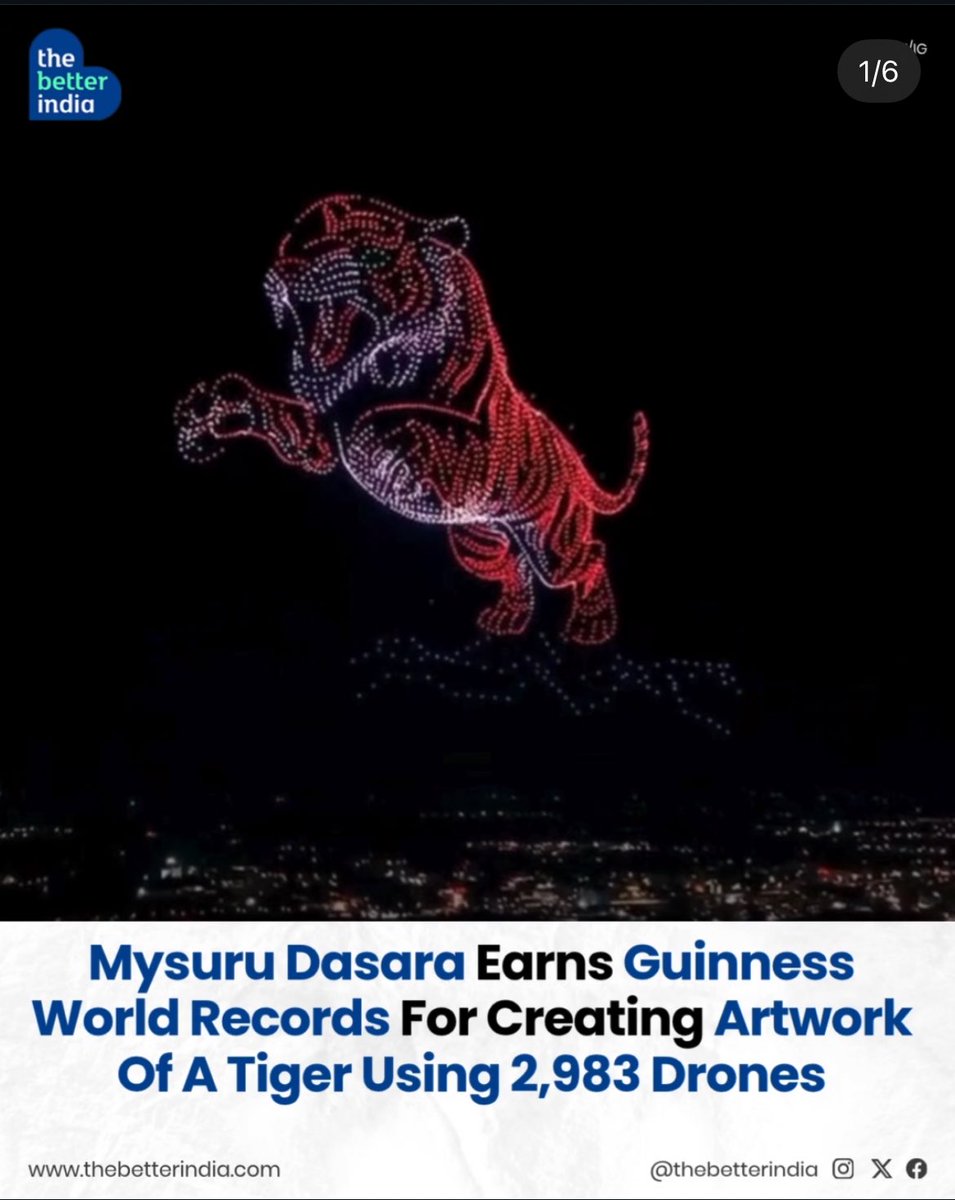 RupayiRaja's tweet image. ✨ Historic night at #MysuruDasara2025!

3,000 drones lit up the sky with stunning formations of the tiger 🐅, Chamundeshwari 🙏, &amp;amp; the solar system 🌌.

A new Guinness World Record set in Namma Mysuru! 🏆

#NadaHabba #DroneShow