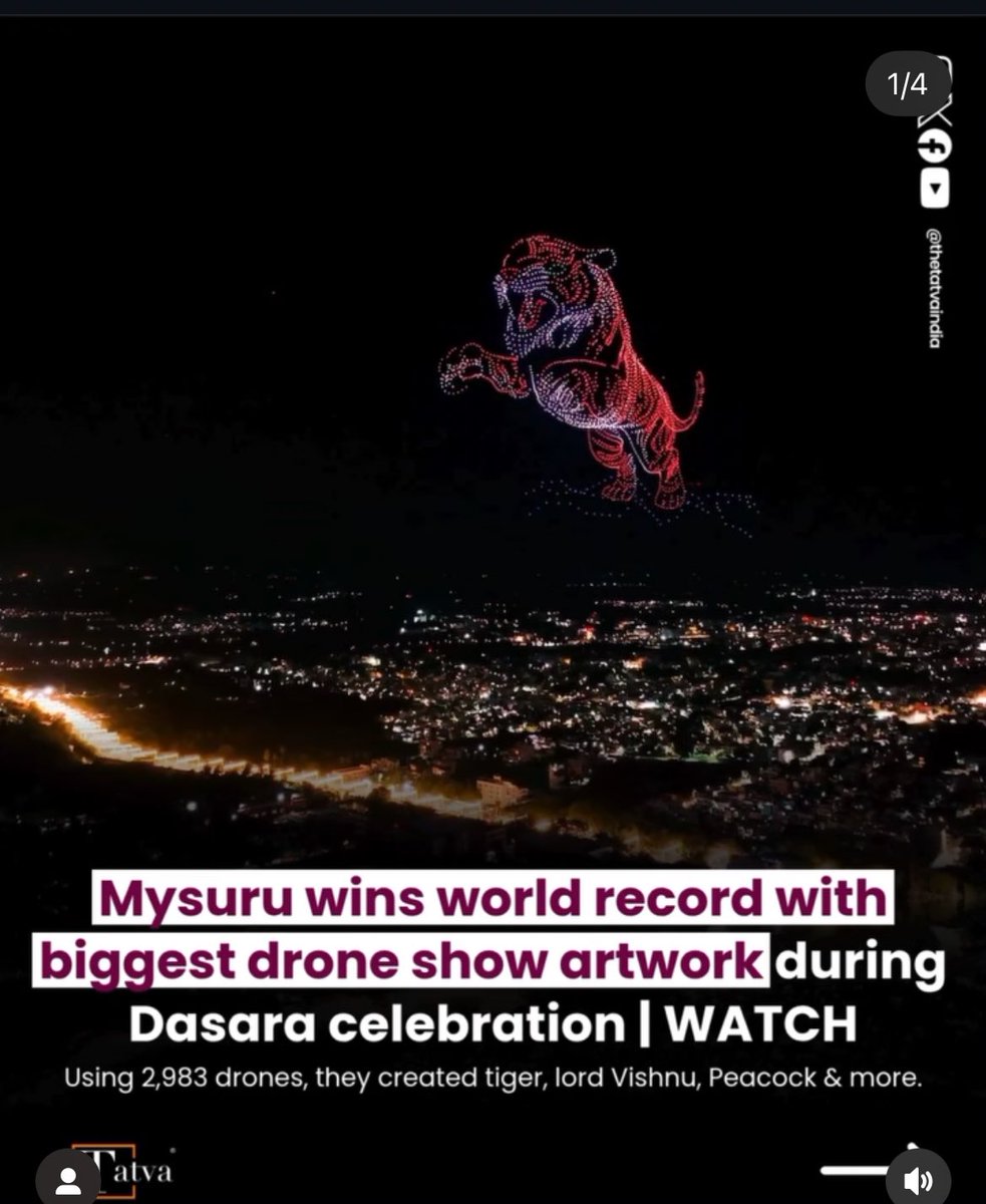 RupayiRaja's tweet image. ✨ Historic night at #MysuruDasara2025!

3,000 drones lit up the sky with stunning formations of the tiger 🐅, Chamundeshwari 🙏, &amp;amp; the solar system 🌌.

A new Guinness World Record set in Namma Mysuru! 🏆

#NadaHabba #DroneShow