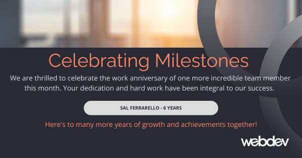 webdevstudios's tweet image. We are thrilled to celebrate the work anniversary of one of our incredible team members. 

Your dedication &amp;amp; hard work have been integral to our success. 

Congratulations, Sal Ferrarello, on 6 years at WebDevStudios. You’re amazing! 🎉 

#WordPress #CompanyNews #Congratulations