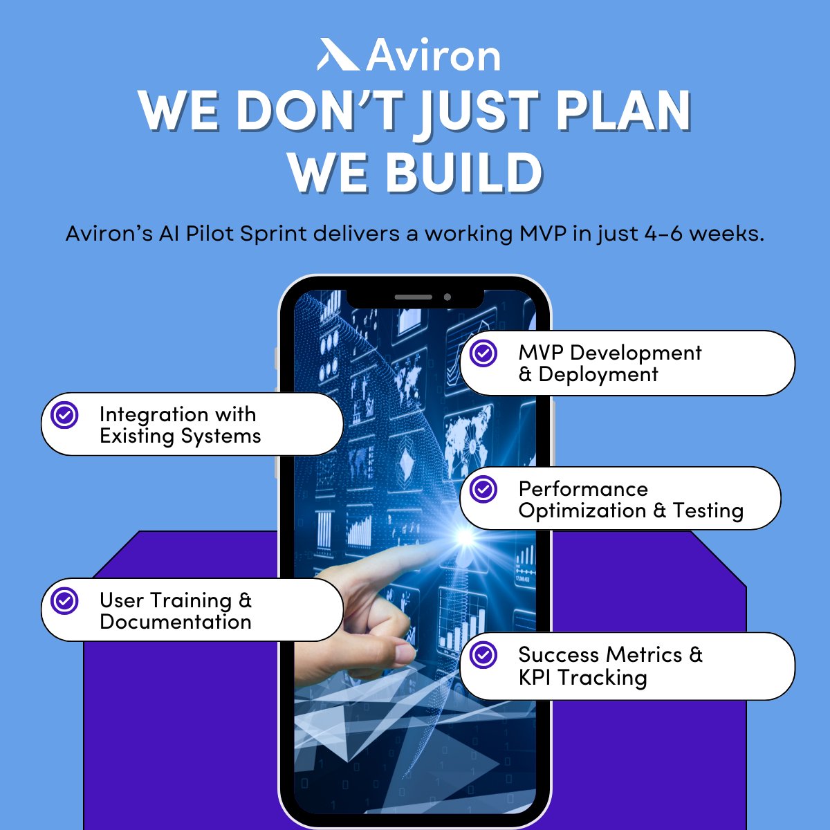 A great AI pilot sprint = fast, focused, measurable.

Weeks &gt; months. Results &gt; reports.

Let’s build it.

Book a call today at avironlabs.com
#PilotSprint #TechStrategy #AvironAI