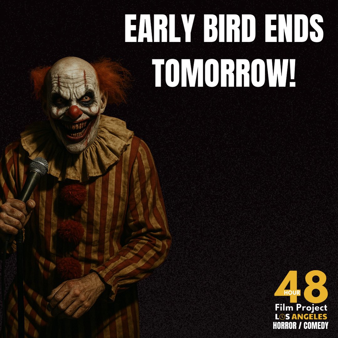 ⏰🎬 Last chance for Early Bird Savings! Join the 5th Annual Horror Comedy 48HFP in LA, Oct 17-19! 🎃👻 Only 16/60 spots left! Sign up by Oct 1 for $20 off, plus $25 off if you joined a 2025 48HFP ($45 total savings)! 💸 48hourfilm.com/la/horror_come…