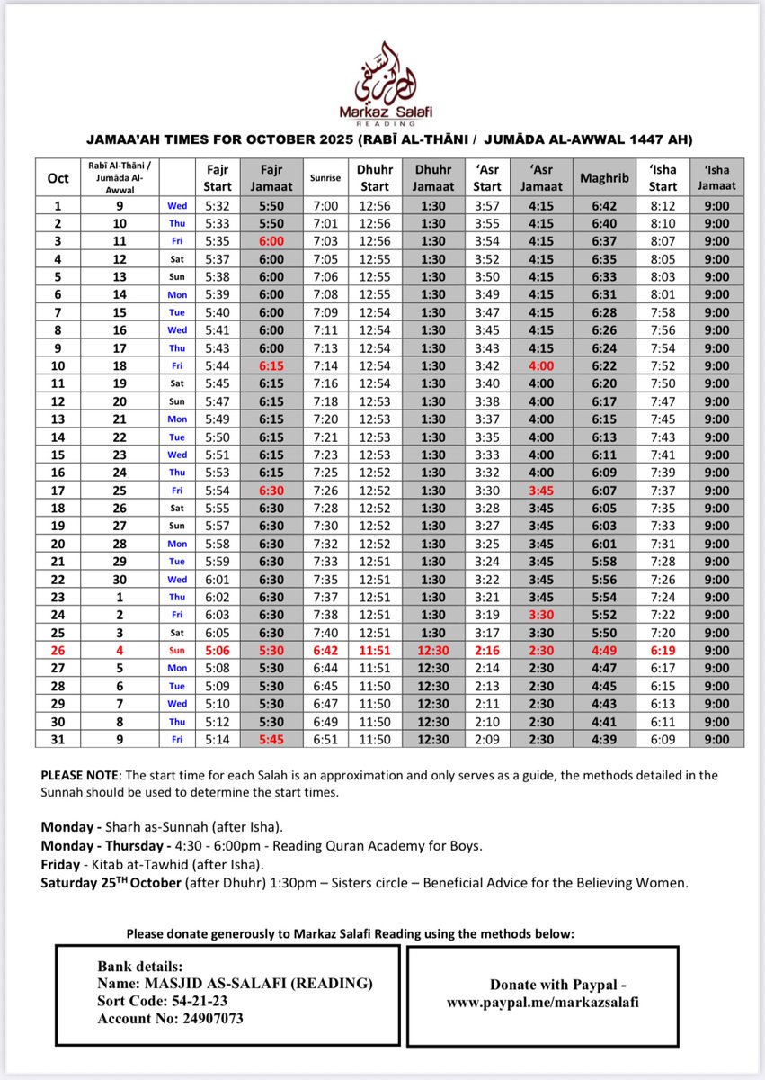 Markaz Salafi Reading; 
October 2025 Rabi’ Uth-Thani 1447 Prayer Timetable