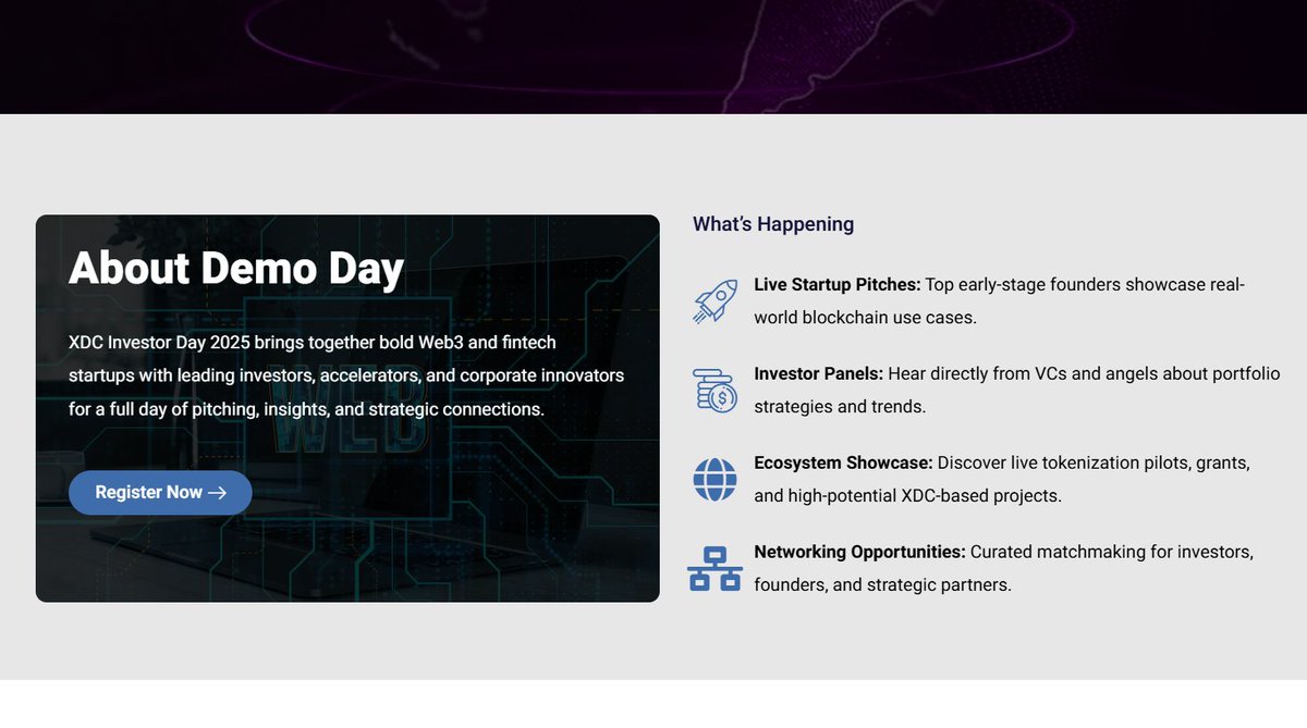 EmilyCarte99917's tweet image. We’re thrilled to partner with T-Hub to bring you XDC Investor Day 2025, an exclusive platform where startups and investors meet, connect &amp;amp; grow.✨

📅 Sept 30 | 📍 Singapore

🔗t-hub.co/programs/xdc-n…

#XDC #InvestorDay2025 #THub #Blockchain #DeFi #Bitcoin @XDCNetwork @THubHyd