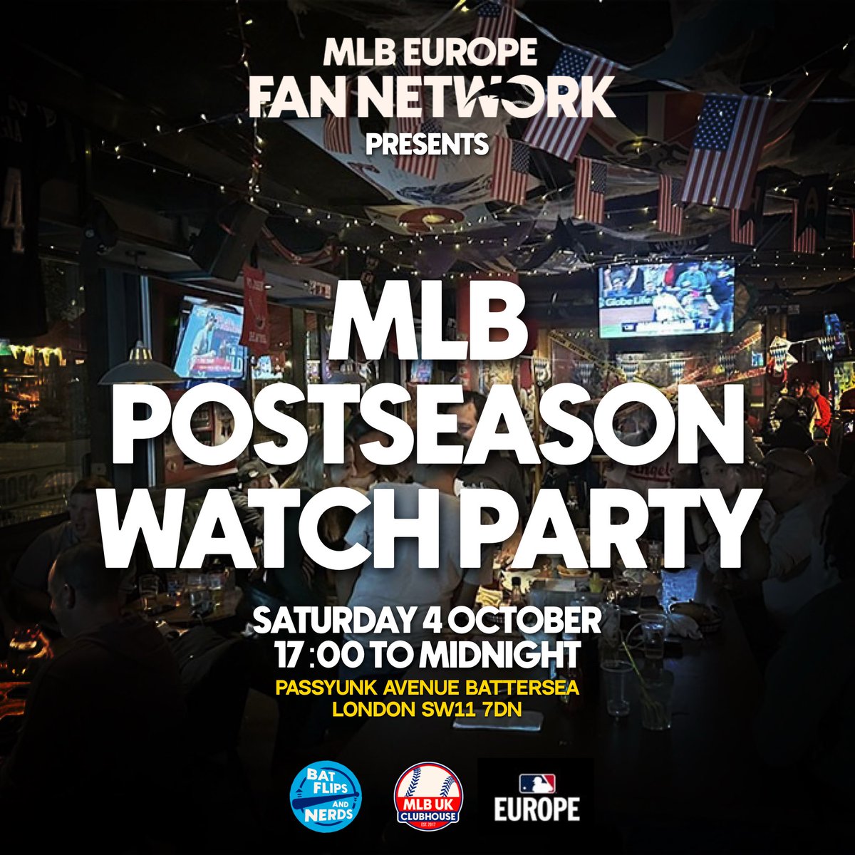 🚨 CALLING ALL FANS!🚨

⚾️ LIVE MLB POSTSEASON Watch Party!
📍 Passyunk Avenue, Nine Elms, London
🗓 Saturday 4th October
🕡 5pm ’till late!

Dodgers/Reds @ Phillies
Cubs/Padres @ Brewers
Tigers/Guardians @ Mariners
Yankees/Red Sox @ Blue Jays

Screens. Baseball. YOU!
🖥️⚾️🧢🍻🌭
