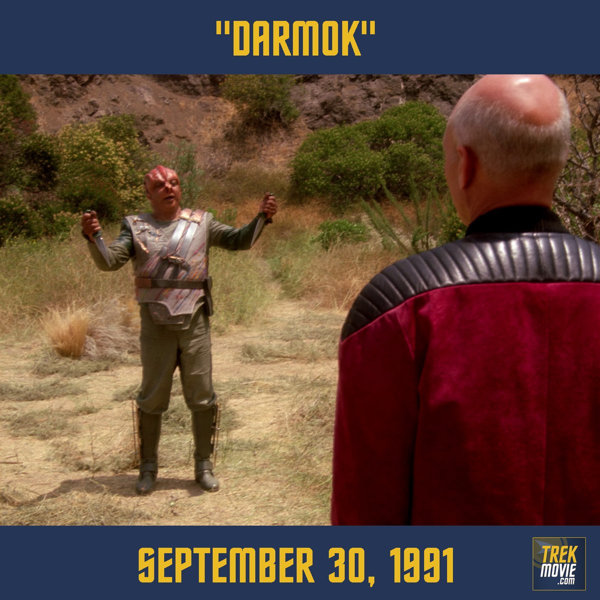 TrekMovie's tweet photo. OTD: #StarTrekTNG's "Darmok" premieres, featuring Paul Winfield and providing inspiration for the Kayshon security officer on #StarTrekLowerDecks. (It also featured the first appearance of guest star Ashley Judd.)
#StarTrek https://t.co/EgLOZGr199