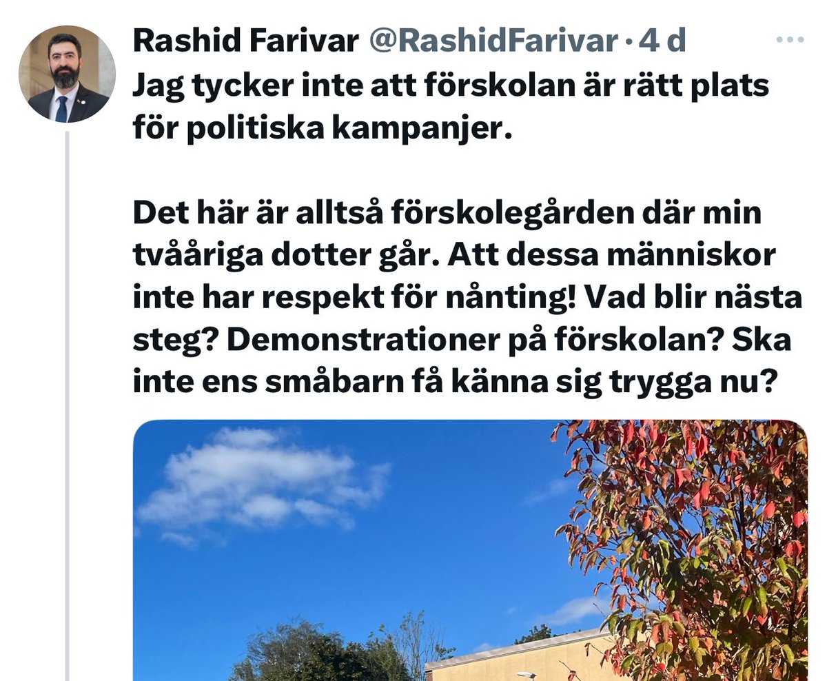 SimonFuglsangSW's tweet image. Att @RashidFarivar (SD) i sin roll som riksdagsledamot lägger ut bild på en privatperson som hämtar sina barn och kommenterar dennes klädsel är olämpligt och riskerar dessutom att inskränka den enskildes yttrande- och åsiktsfrihet.