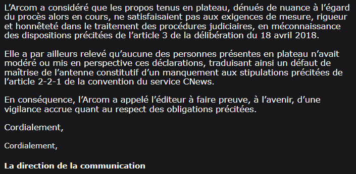 Soyons clair : l’Arcom est une coquille vide.

Le 6 janvier 2025, j’envoie une alerte sur l’émission de Pascal Praud après de nombreux mensonges, aucun pluralisme et une mise en cause directe de l’État de Droit.

Le 12 août, voici la réponse de l’Arcom :