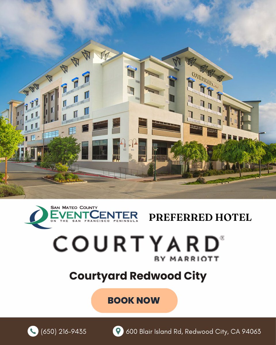 sanmateoevntctr's tweet photo. Planning to attend an event at the San Mateo County Event Center? Stay just minutes away in comfort and convenience at our Preferred Hotel Partner! 🌟

📍 Book early to reserve your spot.

Courtyard Redwood City
📍 600 Blair Island Rd, Redwood City, CA 94063
☎️ 650-216-9435 https://t.co/ZiC1YjzDfQ