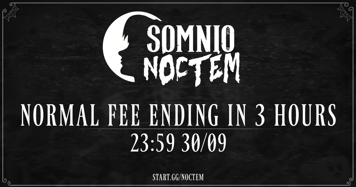 Tick tock, tick tock, 
The rhythmic sound of the clock. 
Minutes fly, a steady beat, 
Time marching onward, swift and fleet.

In three hours our normal registration fee ends!🎃🌖

📅31 Oct. 01, 02 Nov.
🎮SSBM, SSBB, SSBU, Rivals 2, MKW
📌H20 Esports Campus, Amsterdam

Sign up⬇️