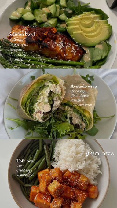 A vibrant salmon bowl with avocado, spinach, and asparagus, alongside an avocado wrap and tofu bowl, featured in a healthy meal post from October 19, 2025.