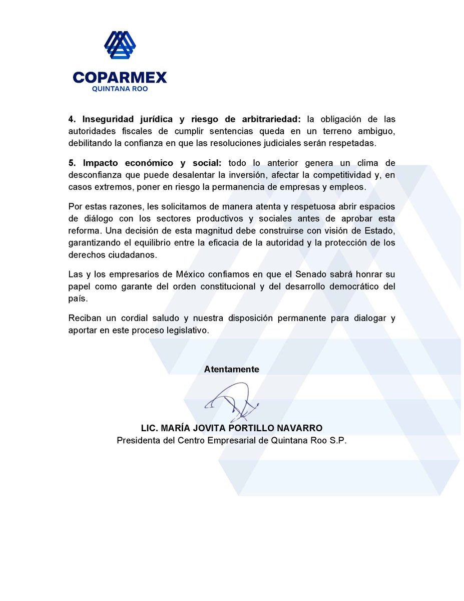 🔵 Senadora <a href="/AnahiGonzalezQR/">Anahí González</a>:  

Desde Coparmex le exhortamos a revisar la reforma a la #LeyDeAmparo.  

No se debe quitar a la ciudadanía un mecanismo de defensa ante actos arbitrarios de las autoridades.