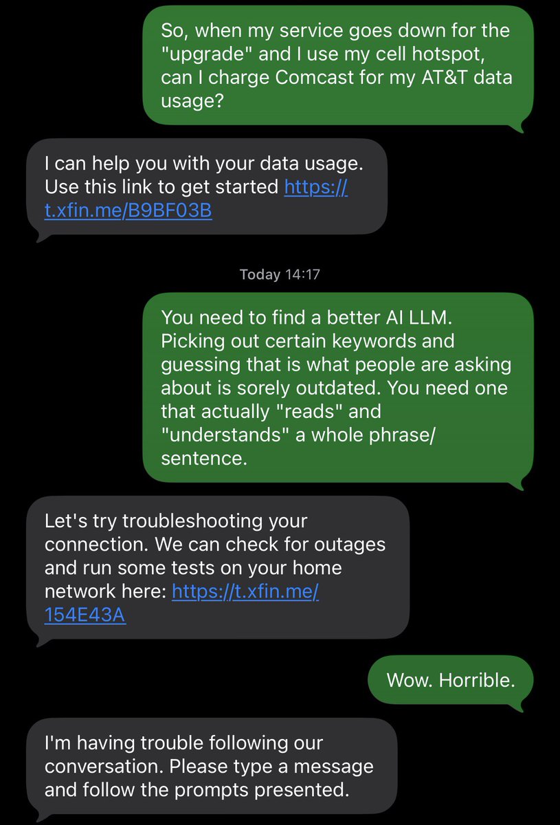 barkums's tweet photo. @comcast’s revenue, as of 2024, is $123.7bn. You would think they could afford an up-to-date AI LLM for the “Xfinity Assistant.” Clearly they do not, and have never really, cared about customer service, especially when it comes to the bot and the phone tree auto-attendant. https://t.co/lYXNoDKfQZ