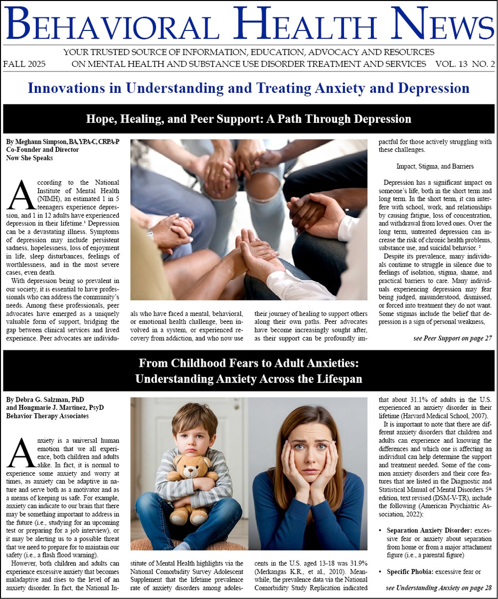 Discover Innovative approaches and expert insights to advance understanding, treatment, and compassionate care for #Anxiety and #Depression across the lifespan.

Check out the Fall 2025 issue: behavioralhealthnews.org/bhn-fall-2025-… 

#MentalHealthAwareness #AnxietyAwareness #DepressionSupport