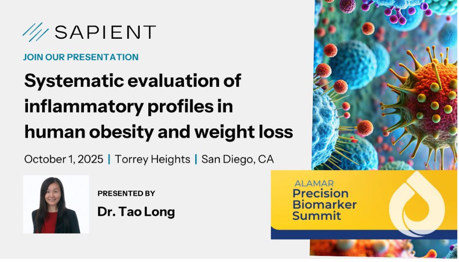 We're excited to join <a href="/AlamarBio/">AlamarBio</a>'s Precision Biomarker Summit this week in San Diego! 🧬

Sapient’s Tao Long will share insights on inflammatory profiles in obesity and how #NULISAseq reveals cytokine changes post-GLP-1 therapy.

Still time to register:
🔗 alamarbio.com/precision-biom…