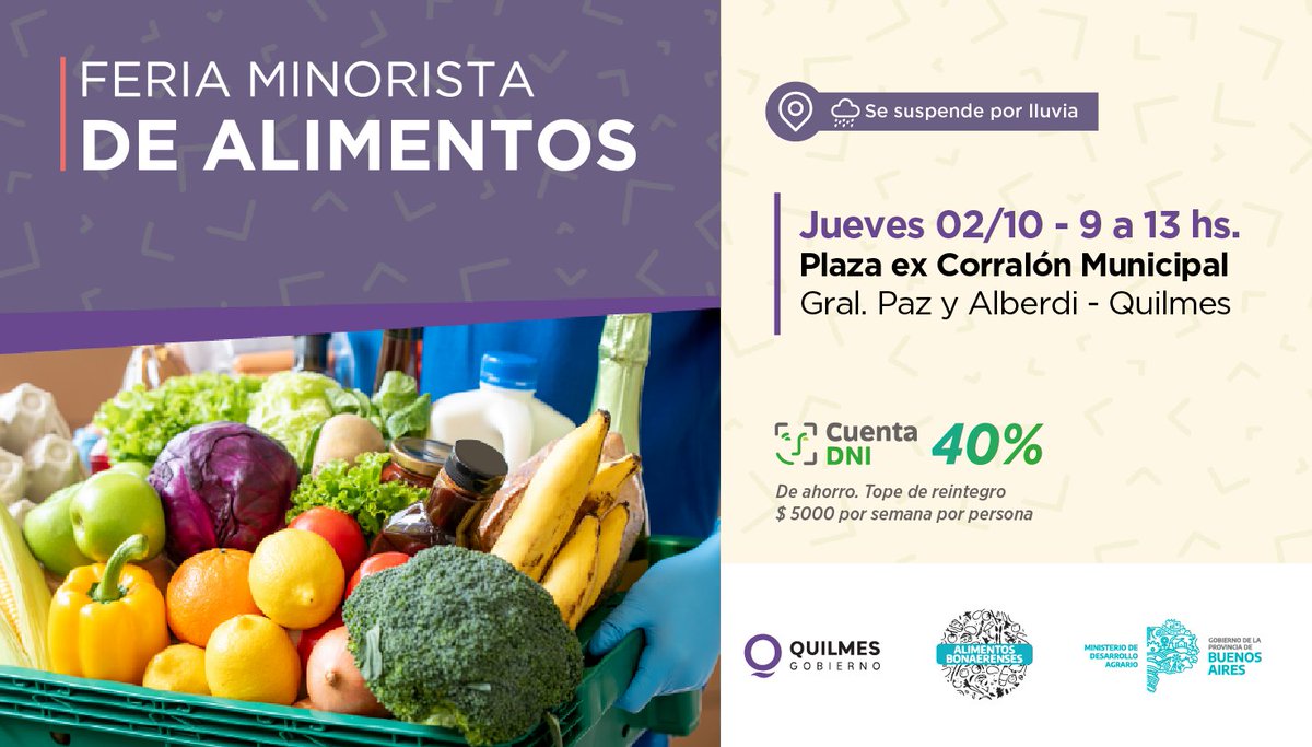 🍎🥩 ¡Feria Minorista de Alimentos en #Quilmes!

📍Te esperamos el próximo jueves, de 9 a 13 horas, en Gral. Paz y Alberdi, Quilmes.

➡️ Aprovechá hasta un 40% de ahorro con Cuenta DNI del Banco Provincia.

#SeguimosParaAdelante ☀️💜