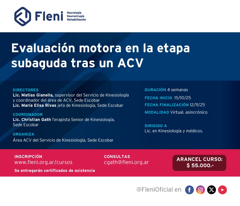 Fleni (@flenioficial) on Twitter photo Curso virtual Fleni: Evaluación motora en la etapa subaguda tras un ACV
📅 15/10 al 12/11/25
💻 Modalidad: virtual y asincrónica
📌 Inscripción: fleni.org.ar/cursos-simposi…
📧 Consultas: cgath@fleni.org.ar
📜 Certificado de asistencia
💰 Arancel: $55.000 Curso virtual Fleni: Evaluación motora en la etapa subaguda tras un ACV
📅 15/10 al 12/11/25
💻 Modalidad: virtual y asincrónica
📌 Inscripción: fleni.org.ar/cursos-simposi…
📧 Consultas: cgath@fleni.org.ar
📜 Certificado de asistencia
💰 Arancel: $55.000