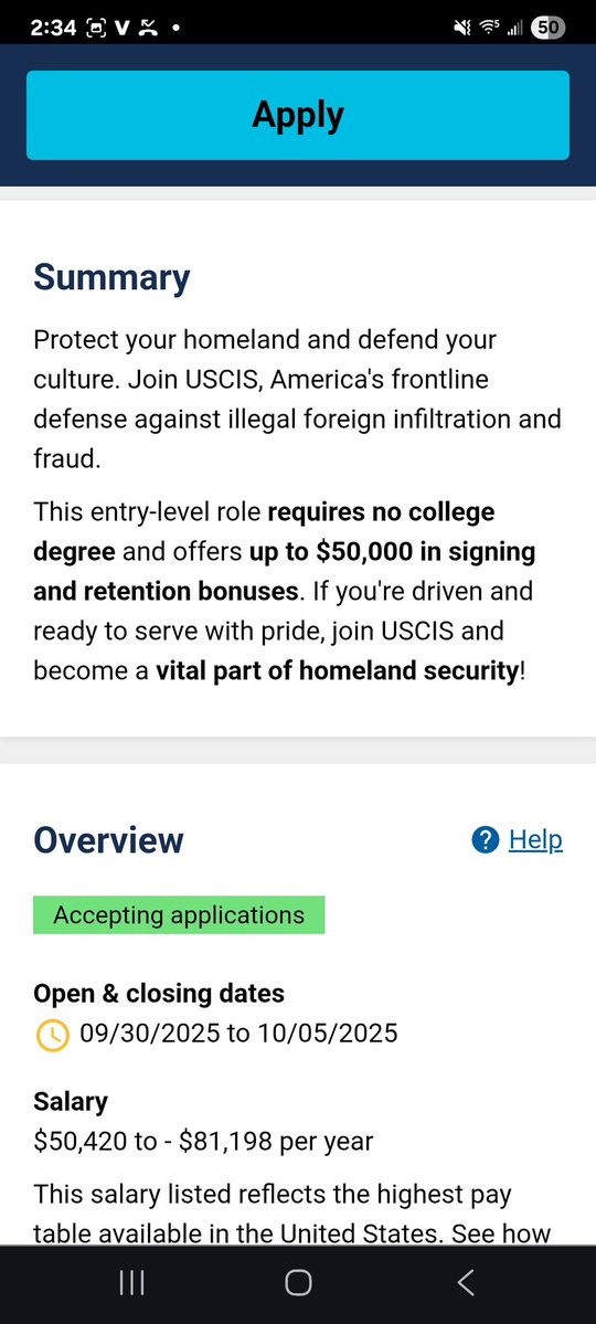 ChrisNotes2024's tweet image. A welcome update on the pay being offered! They&apos;ve now posted a position called &quot;Homeland Defender,&quot; which starts at 50k minimum without needing a college degree, pays up to 81k, and includes a potentional 50k signing and retention bonus!
An EXCELLENT opportunity for any patriot.