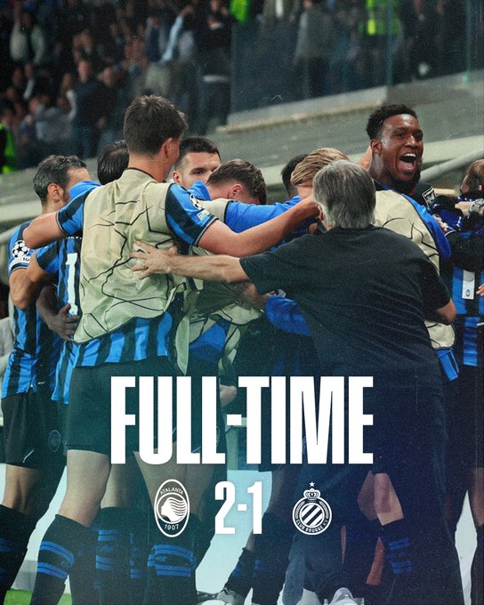 A group of Atalanta B.C. soccer players in blue and black striped jerseys celebrating on a field, hugging each other. An older man in a black shirt joins the celebration. The text overlay reads "FULL-TIME 2-1" with Atalanta B.C. and Club Brugge logos.