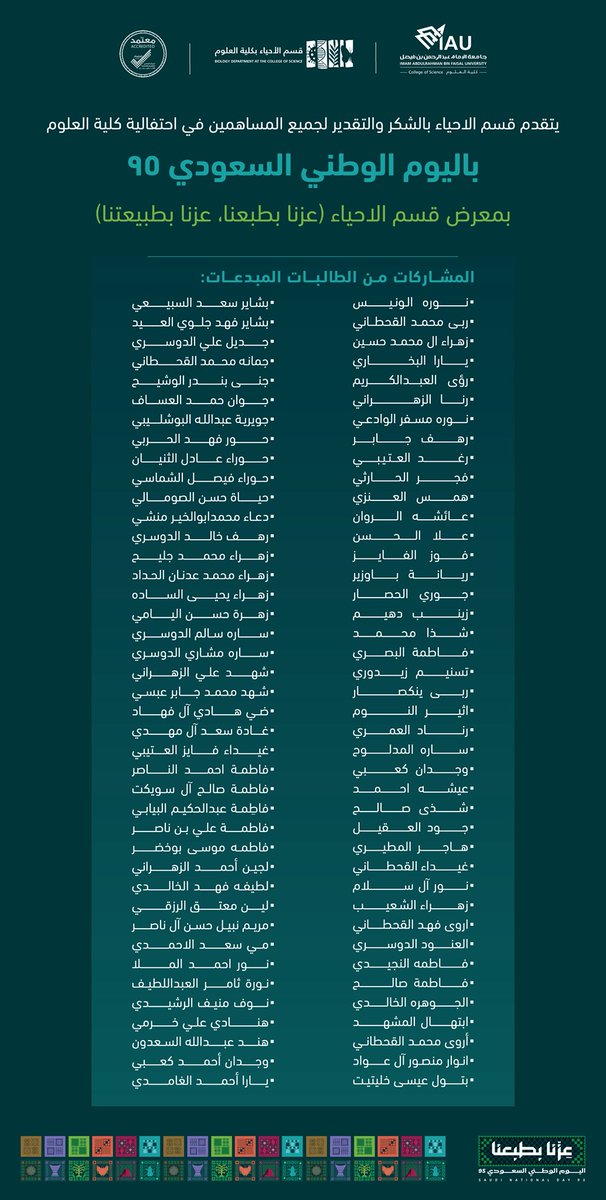 🇸🇦💚شكر وتقدير 💚🇸🇦

يشكر قسم الاحياء جميع منسوباته وطالباته المشاركات في معرض/

🌴عزنا بطبعنا .. عزنا بطبيعتنا🌴

ضمن احتفالات كلية العلوم بـ/#جامعة_الامام_عبدالرحمن_بن_فيصل 

#اليوم_الوطني_السعودي_95 
#اليوم_الوطني_عزنا_بطبعنا

💚🇸🇦