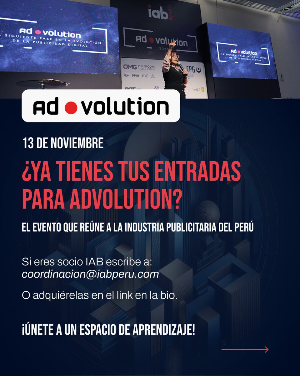 iabperu's tweet image. 🚀 Cada vez más cerca del Advolution 2025, un espacio de aprendizaje y crecimiento junto a los líderes de la industria publicitaria.

¡No te pierdas este gran evento!

Si eres socio IAB escribe a coordinacion@iabperu.com 
O adquiérelas en el link en la bio.

#IABPerú #Advolution