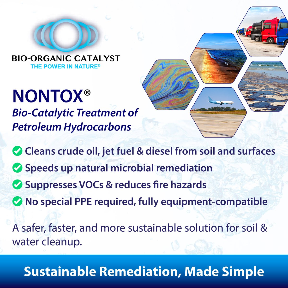 Meet NONTOX, the game-changer for cleaning &amp; remediating petroleum hydrocarbons.
✅Speeds microbial cleanup
✅Tackles crude oil, jet fuel &amp; diesel
✅Suppresses VOCs &amp; fire hazards
✅No special PPE needed
A safer, faster path to soil &amp; water remediation. 
🔗bio-organic.com/nontox/