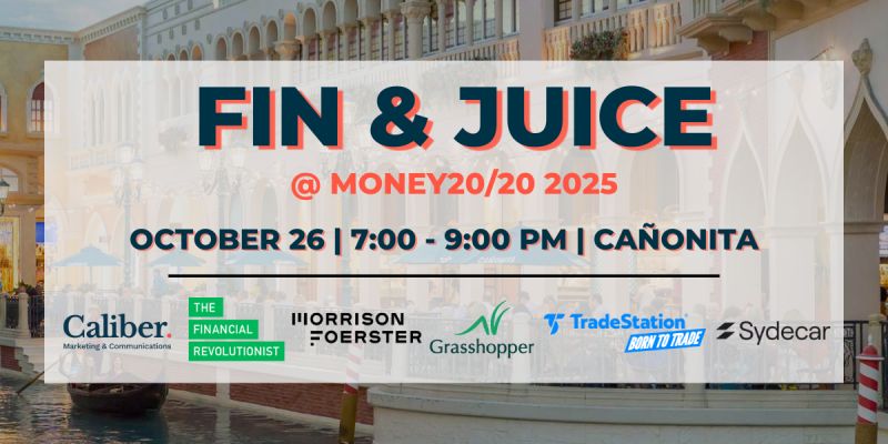 We are teaming up with <a href="/CaliberComms/">Caliber</a> and partners <a href="/MoFoLLP/">Morrison Foerster</a>, <a href="/grasshopperbank/">Grasshopper Bank</a>, <a href="/TradeStation/">TradeStation</a>, and <a href="/sydecario/">Sydecar</a>, to bring you Fin &amp; Juice, the ultimate networking happy hour during <a href="/money2020/">Money20/20</a>. 🍹✨

Request your invite: lnkd.in/enp4Nw8R

#CaliberPresents #FinJuice #Money2020