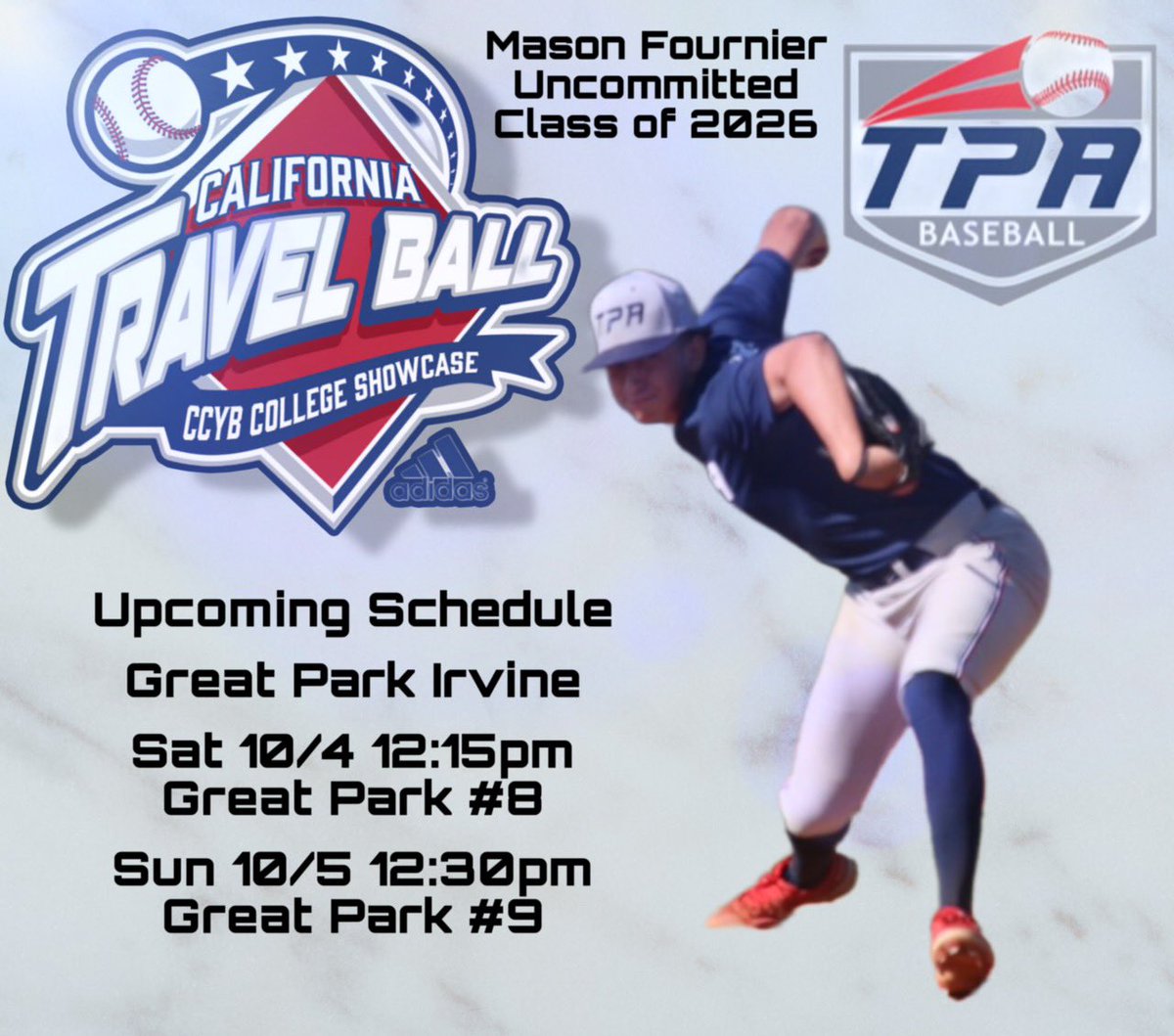 I will be Pitching at the CCYB College Showcase this Saturday (10/4) with <a href="/TPAathlete/">Top Prospects Athletics</a> 

#uncommitted2026 #Sidearm 

<a href="/CAARainel10/">Rainel Caranto-Regional Advisor</a> <a href="/PFAbaseball/">Simple Pitching</a> <a href="/PFAsportsSFV/">PFA Sports SFV</a> <a href="/baseball_jbhs/">JBHS Baseball</a> <a href="/B_HOMERun2/">Brett Homer</a> <a href="/UBAuncommitted/">Uncommitted Baseball Athletes</a>