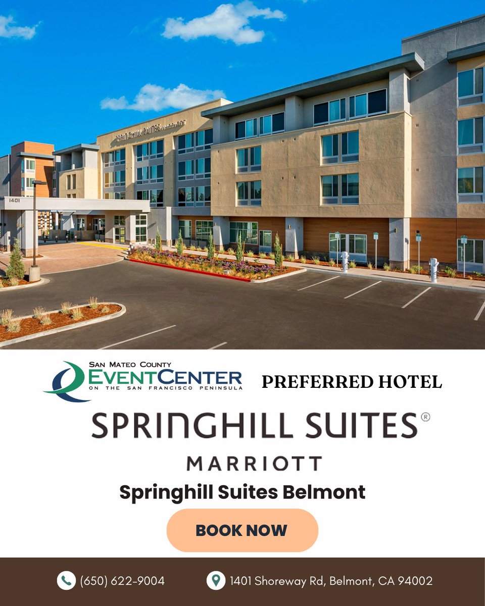 sanmateoevntctr's tweet photo. Planning to attend an event at the San Mateo County Event Center? Stay just minutes away in comfort and convenience at our Preferred Hotel Partner! 🌟

📍 Book early to reserve your spot.

Springhill Suites Belmont
📍 1401 Shoreway Rd, Belmont, CA 94002
☎️ 650-622-9044 https://t.co/bkADu0WJHG