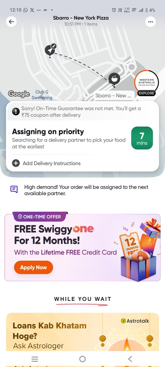in_LUKE's tweet photo. Still look for rider. No option to cancel. Pathetic service @Swiggy 
In parallel order from zomato, it was delivered before time.shame on your service. I cannot even cancel https://t.co/FdrfWIs6l7