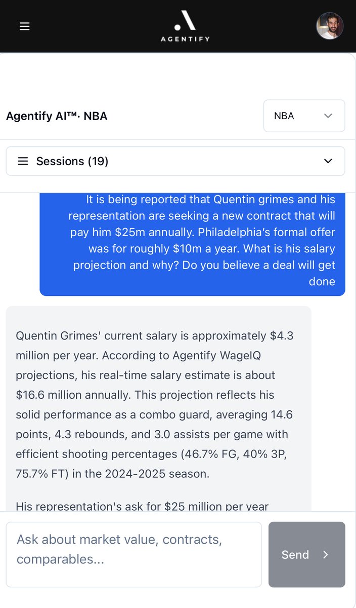 AgentifyAI's tweet image. Quentin Grimes - Real-time salary market value analysis by Agentify AI™

Current Compensation: $4,296,682
Agentify WageIQ™: $16,591,998

Quentin Grime’s Agentify WageIQ™  reflects his strong performance as a combo guard for the Philadelphia 76ers, where he averaged 14.6…