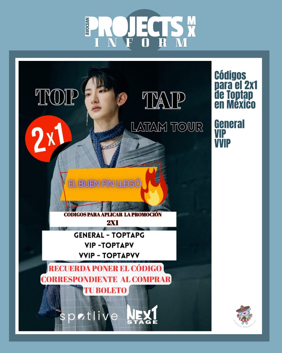 avoceanproj_mx's tweet image. ‼️OFERTA ESPECIAL TOPTAP EN MÉXICO ‼️
Interesados en ir al FanMeeting, pueden adquirir entradas al 2x1 por tiempo limitado
Corran por los suyos!

#TopTap