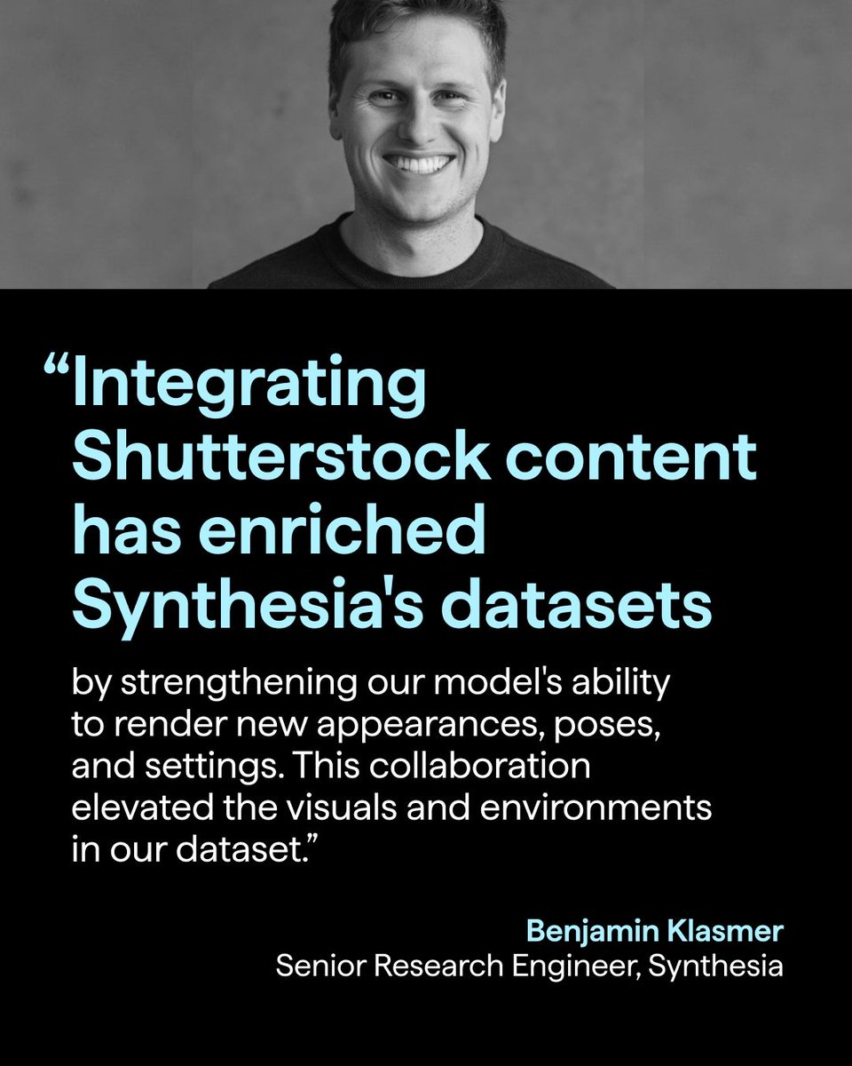 Shutterstock's tweet image. We’ve partnered with @synthesiaIO to power the next generation of AI avatars. By fueling their research with our diverse, high-quality video library, we’re helping bring more natural movement and realism to AI-generated video.

shutterstock.com/fuelgreatwork?…