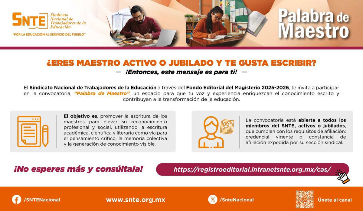 #PalabraDeMaestro ✍🏽

Es momento que tu obra literaria sea publicada. ¡No dejes en el tintero tu material!
✅ Entra a la convocatoria 
✅ Revisa las bases 
✅ Regístrate
Tienes hasta el  30 de abril de 2026.
🔗👉 acortar.link/NNO8tu