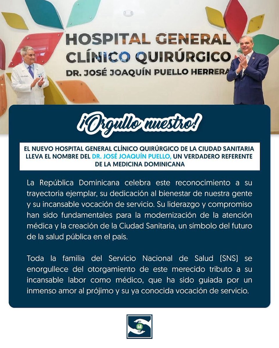 Hospital Las Matas de Santa Cruz (@hmlmsc) on Twitter photo 🙌El Servicio Nacional de Salud y toda la familia del SNS se enorgullecen de este merecido tributo al Dr. José Joaquín Puello, inmortalizado en el nombre del nuevo Hospital General Clínico-Quirúrgico de la Ciudad Sanitaria Dr. Luis Eduardo Aybar (<a href="/ceasnard/">Centro de Atención Ambulatoria Dr. Nelson Astacio</a>).
#CiudadSanitariaRD 🙌El Servicio Nacional de Salud y toda la familia del SNS se enorgullecen de este merecido tributo al Dr. José Joaquín Puello, inmortalizado en el nombre del nuevo Hospital General Clínico-Quirúrgico de la Ciudad Sanitaria Dr. Luis Eduardo Aybar (<a href="/ceasnard/">Centro de Atención Ambulatoria Dr. Nelson Astacio</a>).
#CiudadSanitariaRD