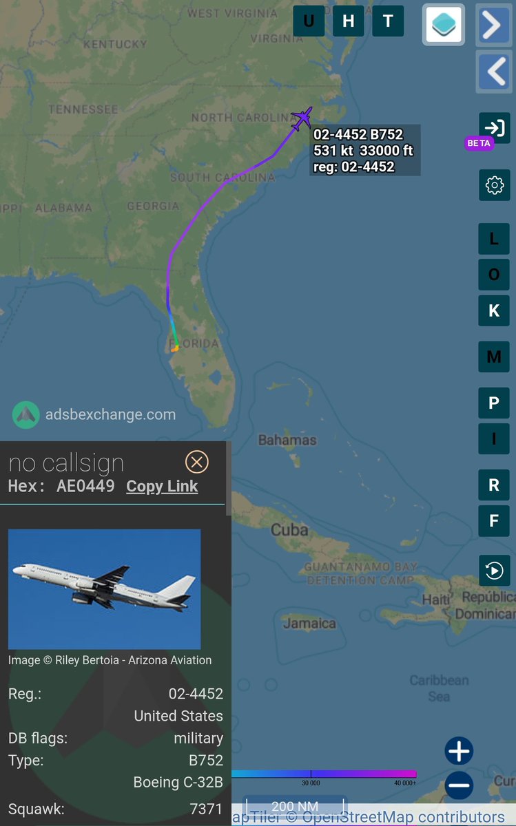 sipjack1776's tweet photo. C-32B Gatekeeper
#AE0449/02-4452
Tracking NE out of MacDill AFB
@Borrowed7Time @norb420 @JANN_IIS @N214WN https://t.co/UOwdMz0Mix