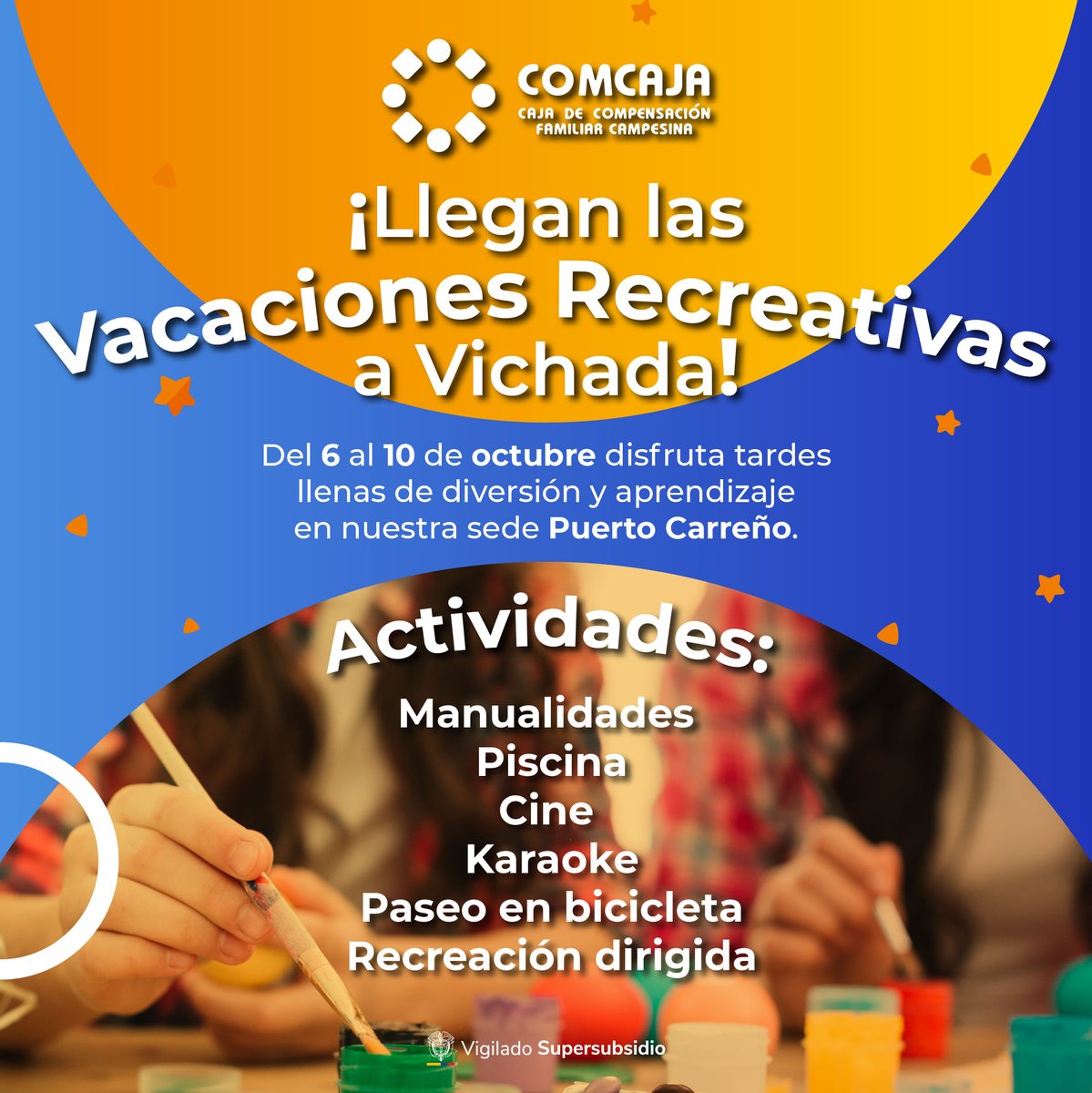 ComcajaCcf's tweet photo. 🌞 ¡Las Vacaciones Recreativas COMCAJA llegan a Vichada!
Del 6 al 12 de octubre disfruta tardes de diversión con manualidades, piscina, cine, karaoke, paseo en bicicleta y mucho más.
📍 Puerto Carreño
⚠️ Cupos limitados

#COMCAJA #VacacionesRecreativas #PuertoCarreño https://t.co/SqU6mlld9L