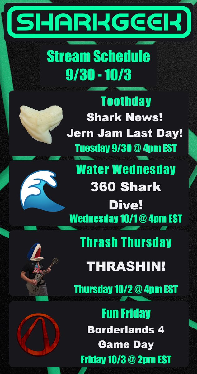9/30/25 Stream schedule is out! 

#twitch #sharks #shark #Metal #game