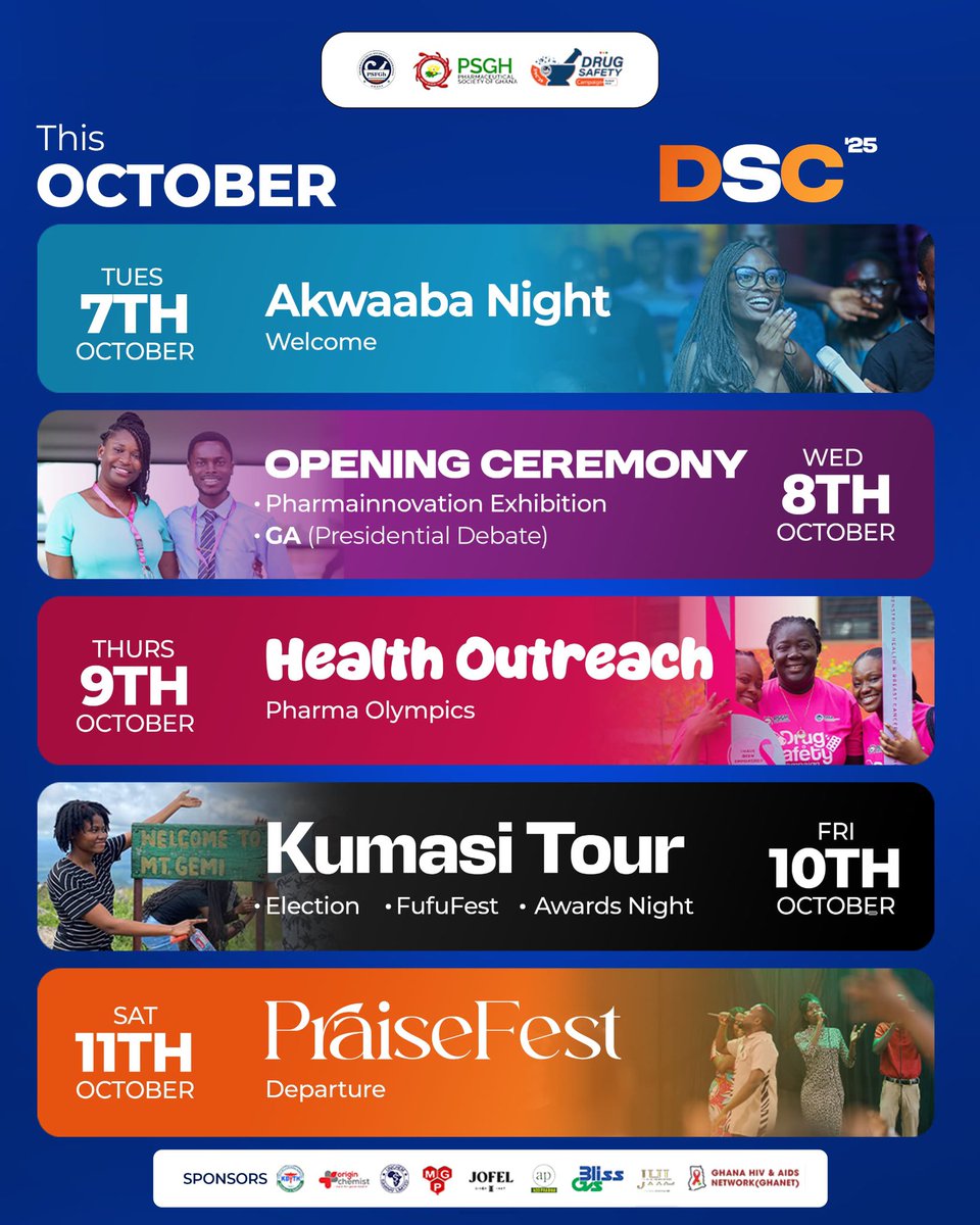 DSC'25 is packed with amazing events! 
Check out the full schedule and get ready for a memorable week. ✨ 

#DSC25
#OSEIKROM
#PSFGH 

POWERED BY PSFGH MEDIA COMMITTEE📸