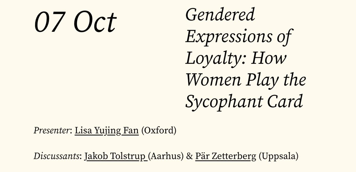 ApsgWorkshop's tweet photo. Join us next week!
@LisaYFan (@Politics_Oxford) will be presenting her work on expressions of loyalty by female elites. Jakob Tolstrup (Aarhus) and @zetterberg_par (@UU_PoliSci) will discuss. https://t.co/hFOHffXtVN