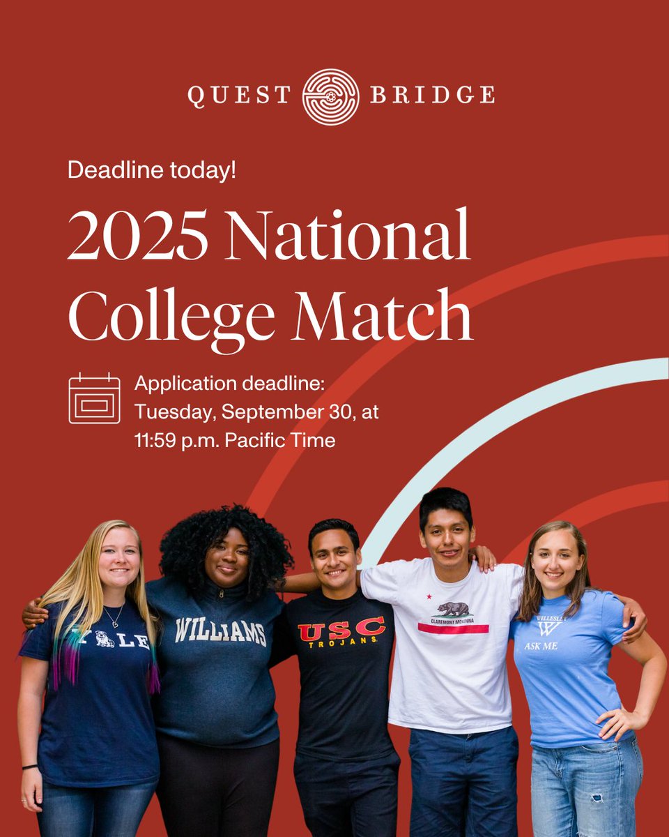 QuestBridge's tweet image. High school seniors: The deadline for the 2025 National College Match is TODAY! This is your chance to receive a full four-year scholarship to one of our 55 college partners. Dream big and submit your application tonight by 11:59 p.m. Pacific Time! ✨