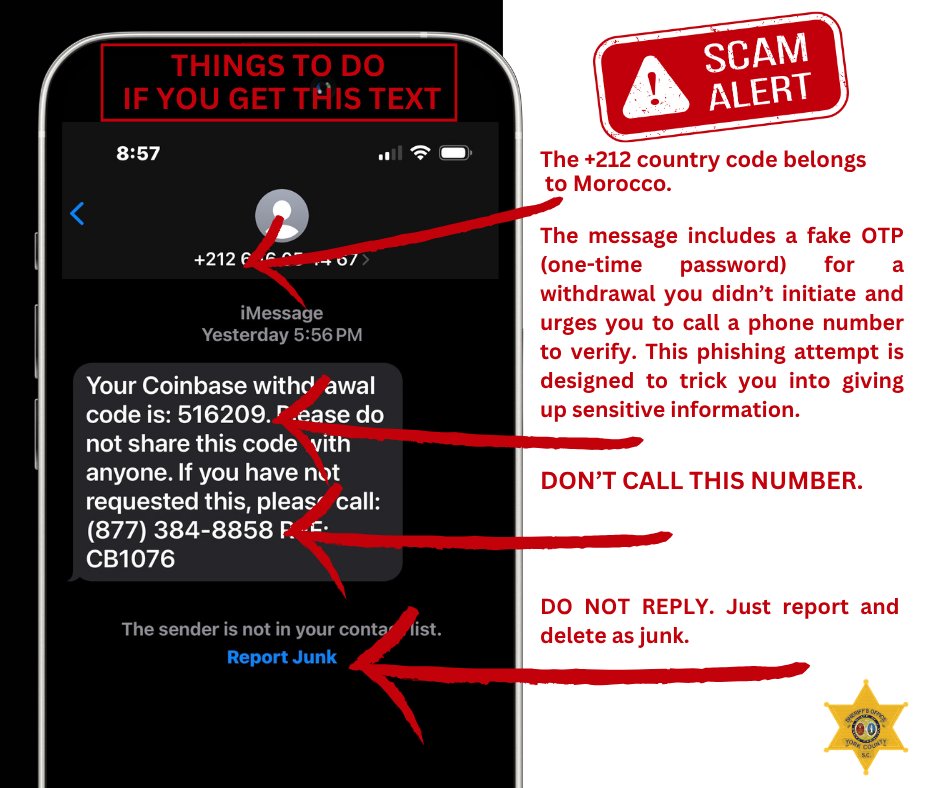 SCAM ALERT: New text message scam. The message includes a fake one-time ...