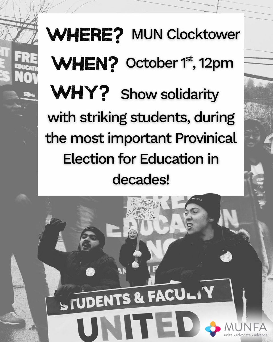 MUNFaculty's tweet photo. Join students in solidarity at the Day of Action tomorrow, 12 p.m. at the Clock Tower.

@MUNSU35 @CFSNL 

#nlpoli #nlelections25 https://t.co/JoNcLG8Qw9