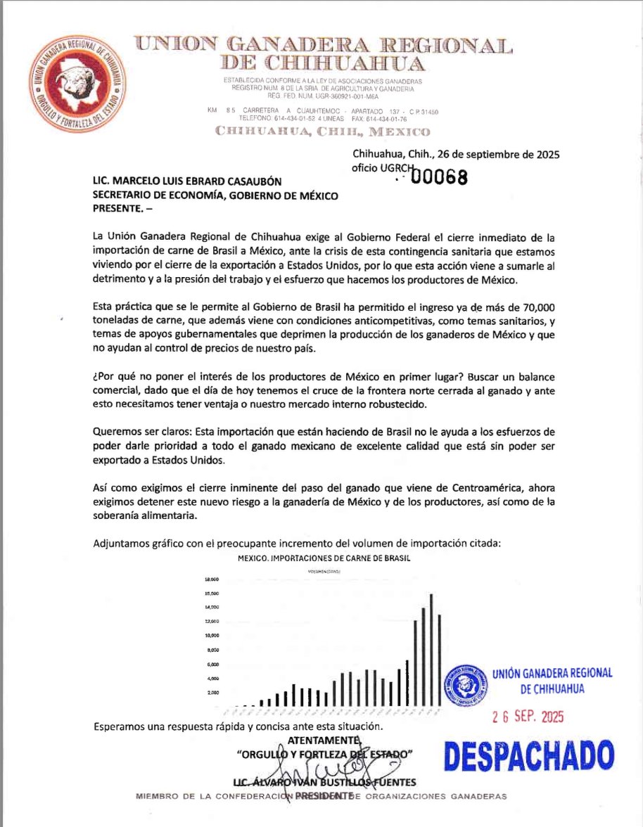 🔴La Unión Ganadera Regional de Chihuahua pidió al Gobierno Federal el cierre inmediato de la importación de carne brasileña, ante la crisis que enfrentan por el cierre de exportaciones a EE.UU.

Advierten que han ingresado más de 70 mil toneladas en condiciones