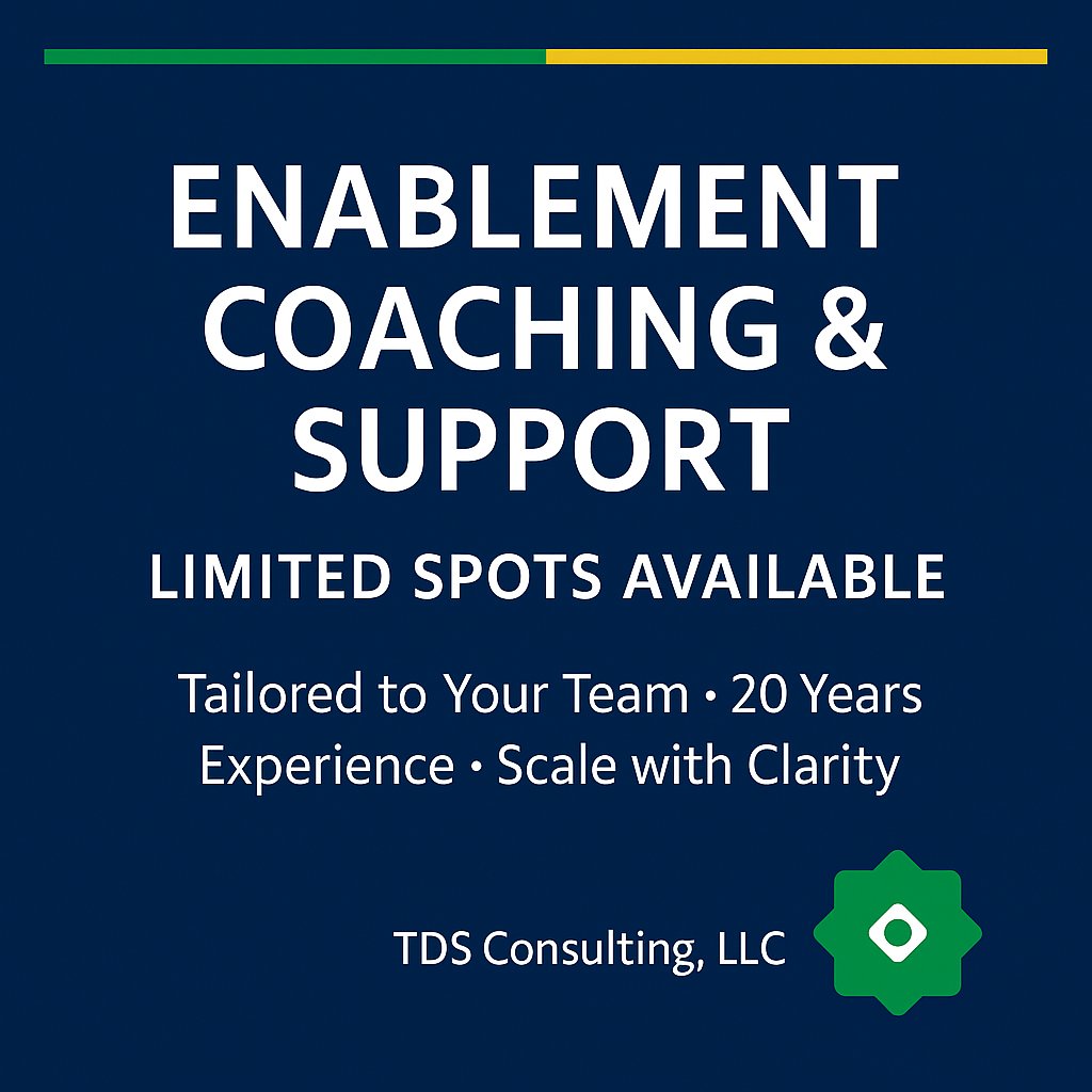 Consult_TDS's tweet photo. Small enablement team?

Looking to scale?

Get dedicated support and coaching based on almost 20 years of experience

Personalized to the needs of your team.

Limited spots available- DM for more info https://t.co/lNQcy8QbyQ