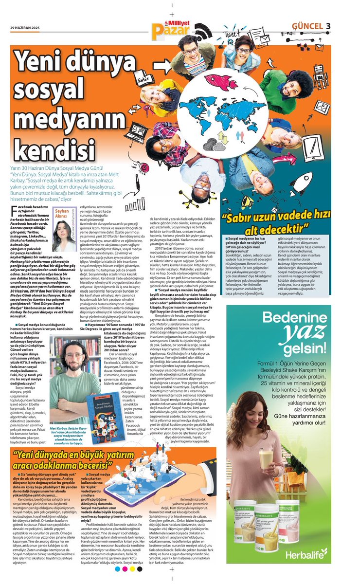 mertkarbay's tweet photo. 30 Haziran 2025 Dünya Sosyal Medya günü imiş. Milliyet Pazar'dan Seyhan Akıncı ile Sosyal Medyayı konuştuk:
https://t.co/Inlm6N0dR1 https://t.co/NF4SAb53cZ