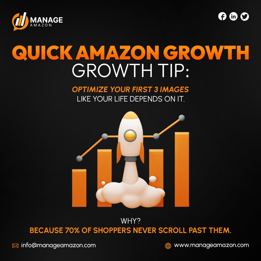 manageamazon's tweet image. Amazon Growth Secret: Your first 3 images decide if shoppers stop or scroll. 70% never look beyond them! Optimize with clear views, lifestyle shots &amp;amp; benefit highlights. Want max conversions? DM Manage Amazon today! 
manageamazon.com
#AmazonFBA #EcommerceTips #Amazon